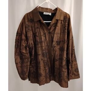 Chico's Design womens brown silk embroidered blazer jacket, size 3